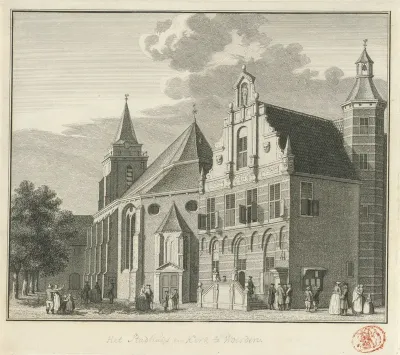 Gezicht op de kerk en het stadhuis te Woerden