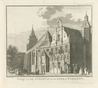 Gezicht op de kerk en het stadhuis te Woerden