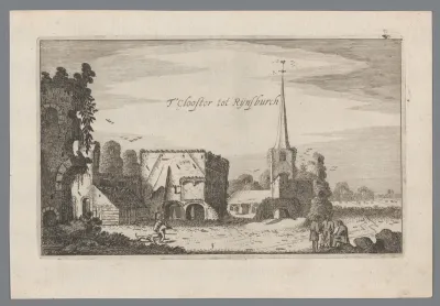 Gezicht op de kerk en ruïne van de Abdij van Rijnsburg