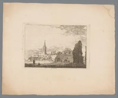 Gezicht op de kerk en ruïne van de Abdij van Rijnsburg