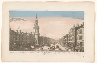 Gezicht op de kerk Saint Mary-le-Bow aan de straat Cheapside te Londen