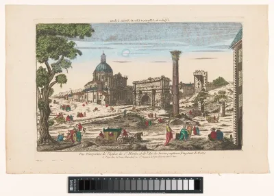 Gezicht op de kerk Santi Luca e Martina en de Boog van Septimus Severus te Rome
