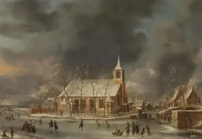 Gezicht op de kerk te Sloten in de winter