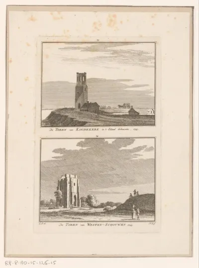 Gezicht op de kerktoren van Koudekerke en gezicht op de kerktoren van Westenschouwen, 1743