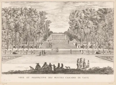 Gezicht op de kleine watervallen van Vaux-le-Vicomte