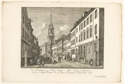 Gezicht op de Klosterstrasse in Berlijn met de toren van de Parochialkirche