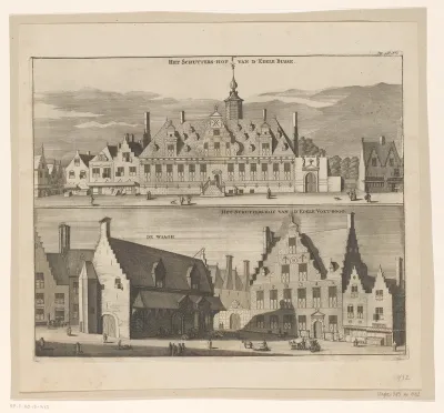 Gezicht op de Kloveniersdoelen en gezicht op de Waag en de Sint-Jorisdoelen te Middelburg