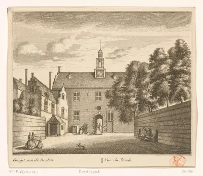 Gezicht op de Kloveniersdoelen te Dordrecht waar de Nationale Synode is gehouden in 1618-1619