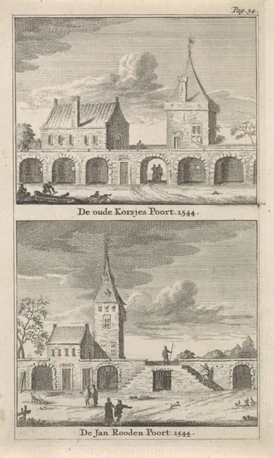 Gezicht op de Korsjespoort en Jan Roodenpoortstoren te Amsterdam
