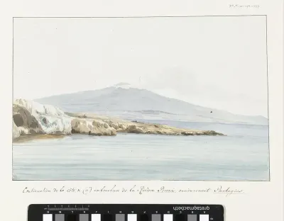 Gezicht op de kust met brede monding van rivier Porcari, voorheen Pantagias genaamd