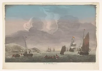 Gezicht op de kust van Engeland met schepen en boten op het water