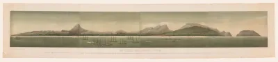 Gezicht op de kust van Groot-Atjeh, met voor de kust de vloot van de Eerste Atjeh-expeditie, bestaande uit vier delen