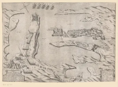 Gezicht op de kust van Malta tijdens een aanval van het Ottomaanse Rijk in 1551 of 1565 in vogelvluchtperspectief