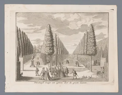 Gezicht op de lanen in de tuin van huis Petersburg
