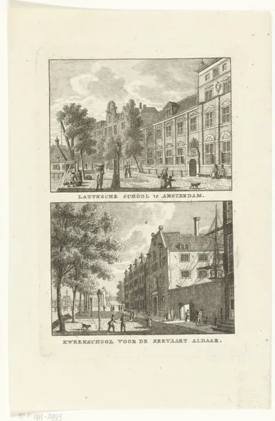 Gezicht op de Latijnse School en de Kweekschool voor de Zeevaart te Amsterdam