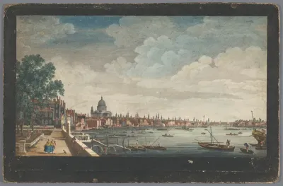 Gezicht op de London Bridge over de rivier de Theems te Londen, gezien vanaf de tuin van Somerset House