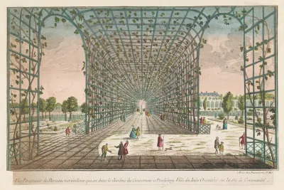 Gezicht op de loofgang van de tuin van de gouverneur te Pondicherry