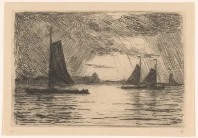 Gezicht op de Maas bij Dordrecht bij avond