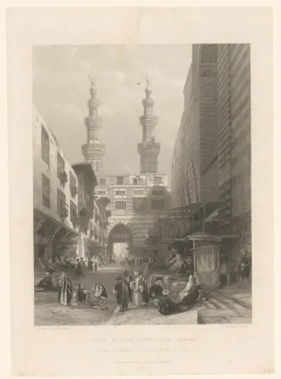 Gezicht op de markt bij de Bab Zuweila poort van Caïro