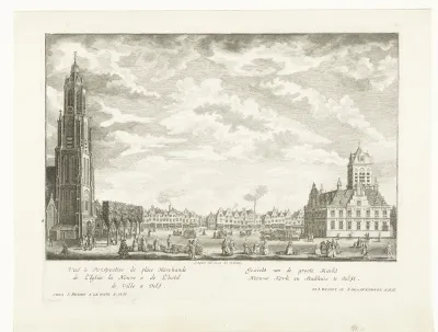 Gezicht op de Markt, de Nieuwe Kerk en het stadhuis te Delft