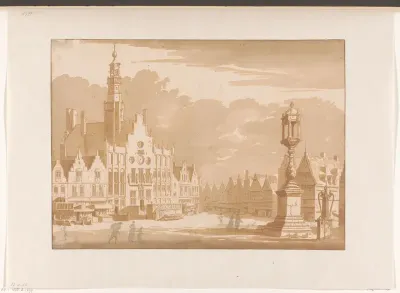 Gezicht op de markt en stadhuis te 's-Hertogenbosch