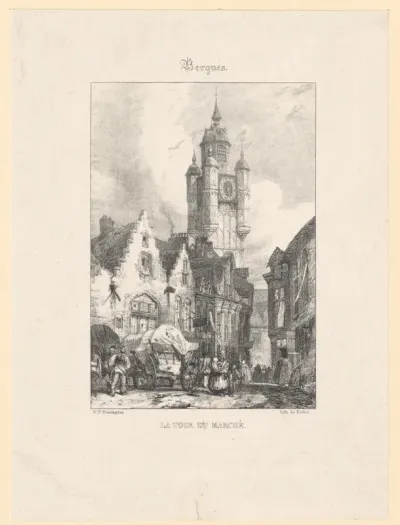 Gezicht op de markt en toren van Sint-Winoksbergen
