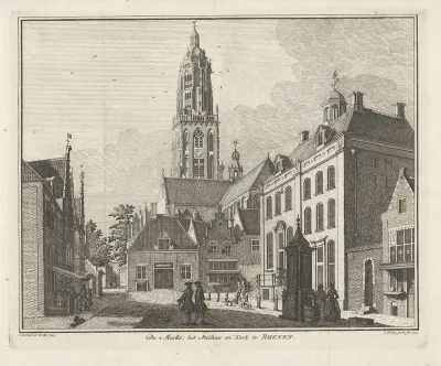 Gezicht op de markt, het Stadhuis en de Cunerakerk te Rhenen