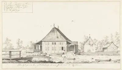 Gezicht op de molen en het kookhuis van suikerplantage Waterland