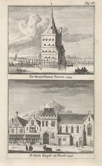 Gezicht op de Montelbaanstoren en de Sint-Olofskapel te Amsterdam