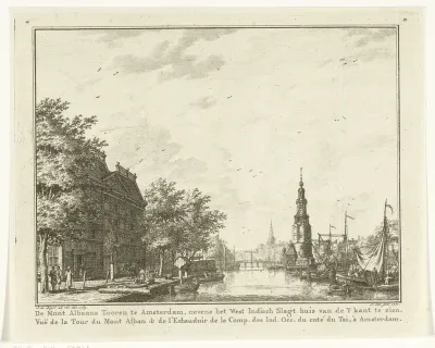 Gezicht op de Montelbaanstoren in Amsterdam vanaf het IJ