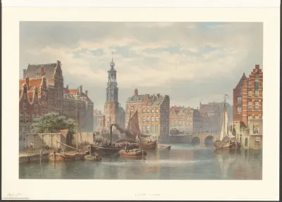 Gezicht op de Munttoren en de Engelse huizen aan de Amstel, hoek Kistenmakersgracht