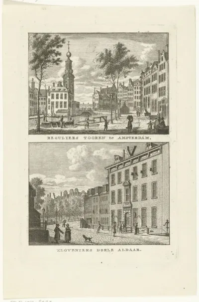Gezicht op de Munttoren en Kloveniersdoelen te Amsterdam