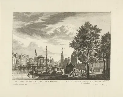 Gezicht op de Munttoren te Amsterdam, gezien vanaf het 's-Gravelandseveer
