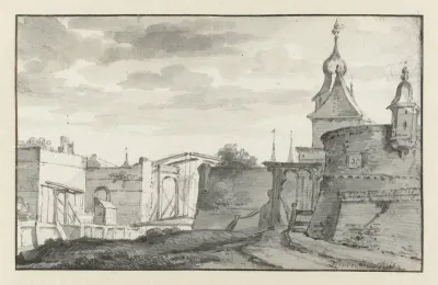 Gezicht op de muren en een ophaalbrug van een stad