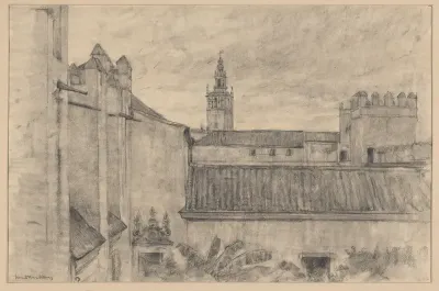 Gezicht op de muren van het Koninklijk Paleis te Sevilla
