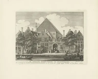 Gezicht op de Nederduitse Academie van Samuel Coster aan de Keizersgracht, 1617
