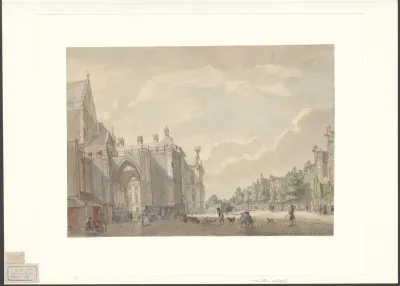 Gezicht op de Nieuwe Kerk en het stadhuis aan de Nieuwezijds Voorburgwal