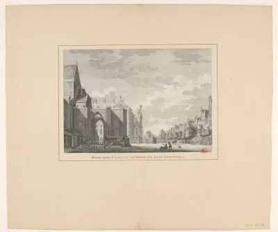 Gezicht op de Nieuwezijds Voorburgwal met de achterkant van de Nieuwe Kerk en het Stadhuis op de Dam