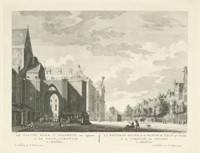 Gezicht op de Nieuwezijds Voorburgwal met de achterkant van de Nieuwe Kerk en het Stadhuis op de Dam