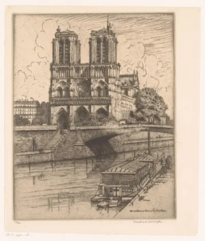 Gezicht op de Notre Dame en de Petit-Pont te Parijs