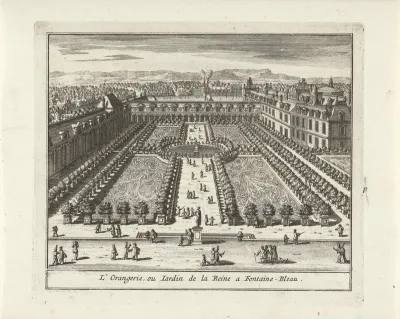 Gezicht op de Orangerie en Cour de la Fontaine van paleis van Fontainebleau