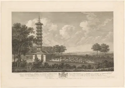 Gezicht op de Orangerie en de pagode in het park Schoonenberg nabij Brussel