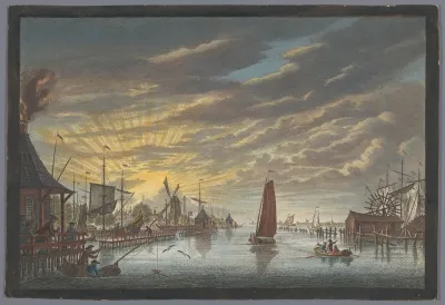 Gezicht op de oude jachthaven te Amsterdam, gezien richting het bolwerk Leeuwenburg ofwel Blauwhoofd
