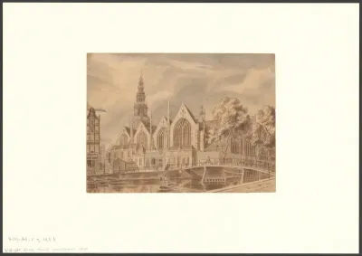 Gezicht op de Oude Kerk en de brug voor de Oudekennissteeg vanaf de Oudezijds Voorburgwal