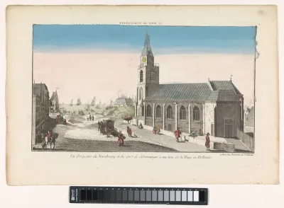 Gezicht op de Oude Kerk en de haven te Scheveningen