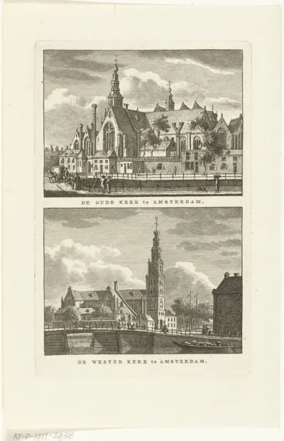 Gezicht op de Oude Kerk en Westerkerk te Amsterdam