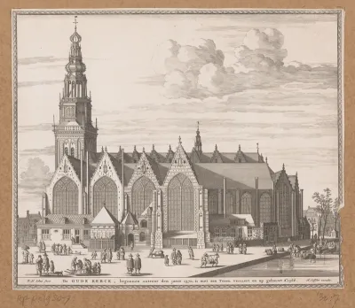 Gezicht op de Oude Kerk te Amsterdam vanaf de Oudezijds Voorburgwal