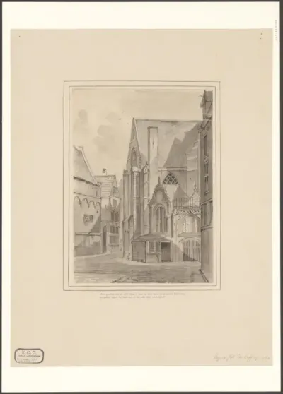 Gezicht op de Oude Kerk vanaf de Enge Kerksteeg