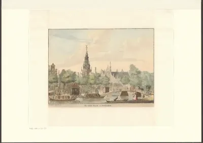 Gezicht op de Oude Kerk vanaf de Oudezijds Voorburgwal