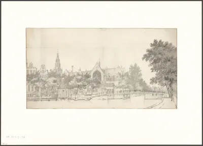 Gezicht op de Oude Kerk vanaf de Oudezijds Voorburgwal